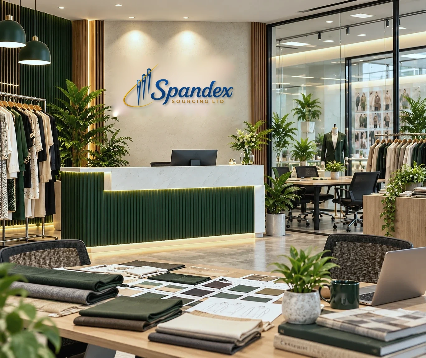 Illustrative corporate apparel sourcing reception workspace with Spandex branding